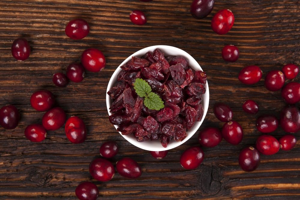 Bowl of both dried and fresh cranberries as part of a healthy diet.