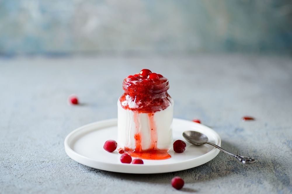 Creamy Greek yogurt recipe with healthy, natural cranberry fruit topping.