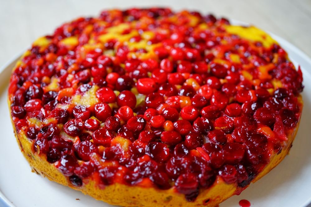 A wonderful looking cake with fresh cranberries on the bottom which becomes a top when you flip it upside down
