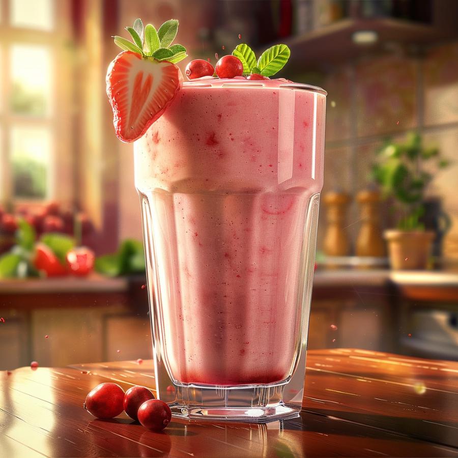 A delicious looking, bright red, fruit smoothie