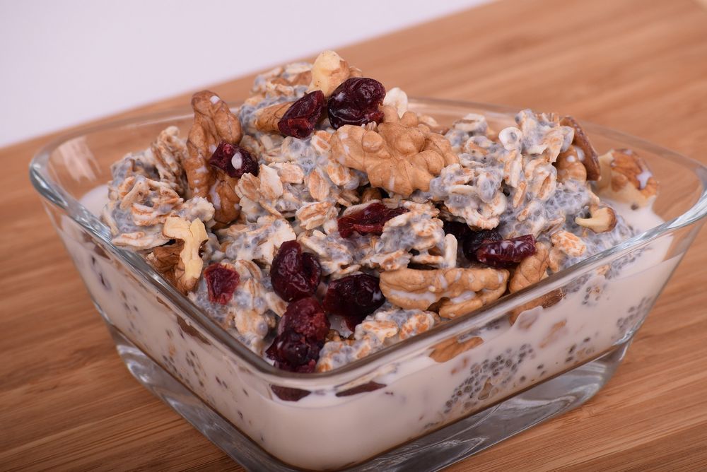 A Swiss cereal with grains and fruit, buts and seeds with dried cranberries.
