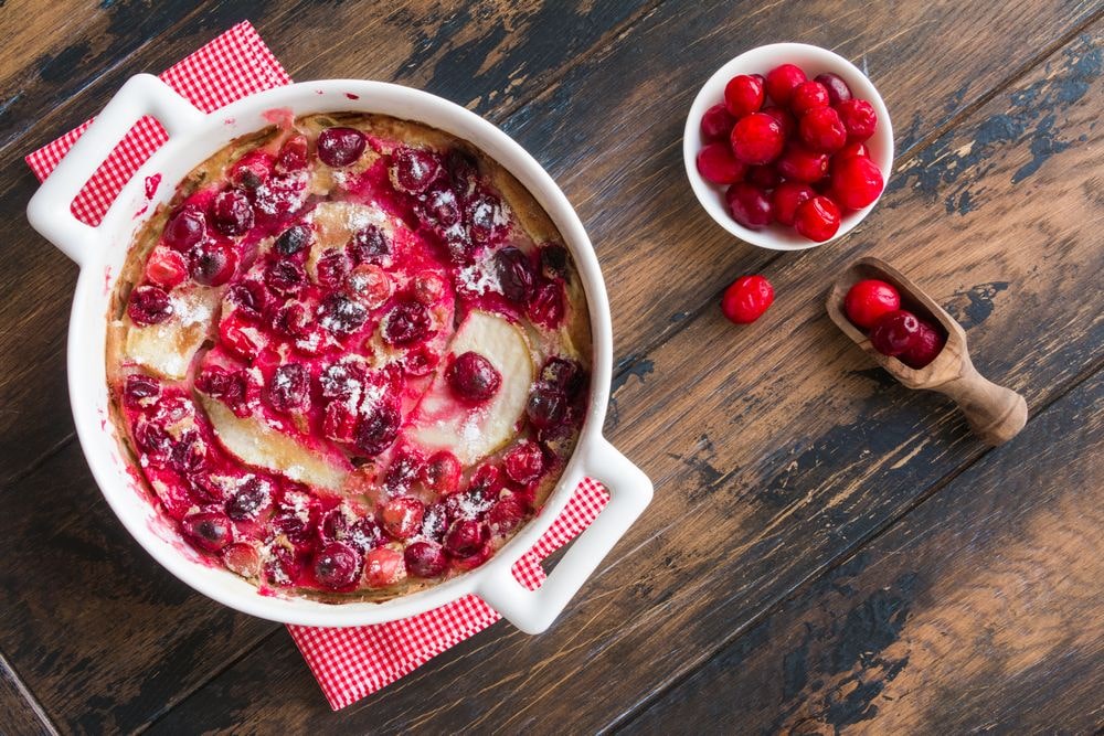 A French dessert made with fresh or frozen cranberries called a clafoutis