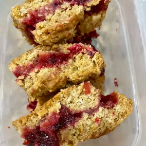 Delicious squares of a dessert cut into bars with cranberry center
