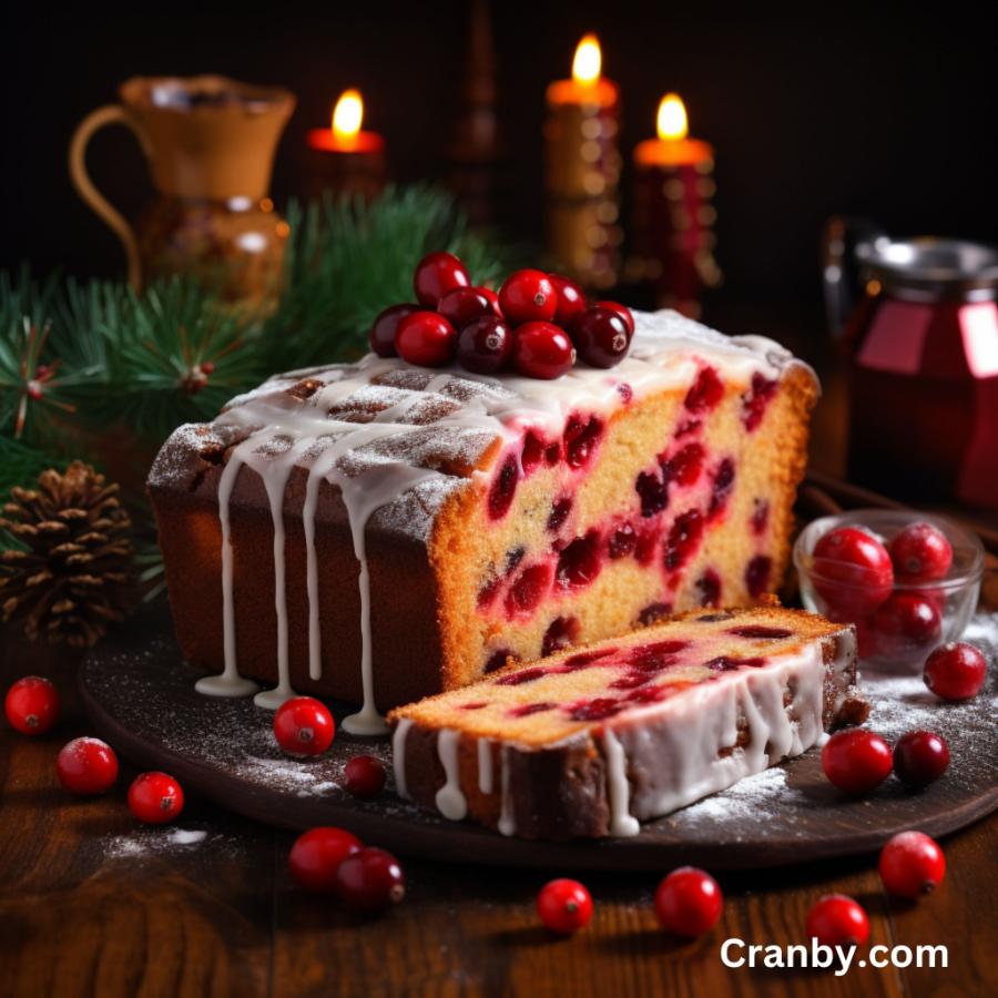 Cake for the holidays, sliced open with warm cranberries
