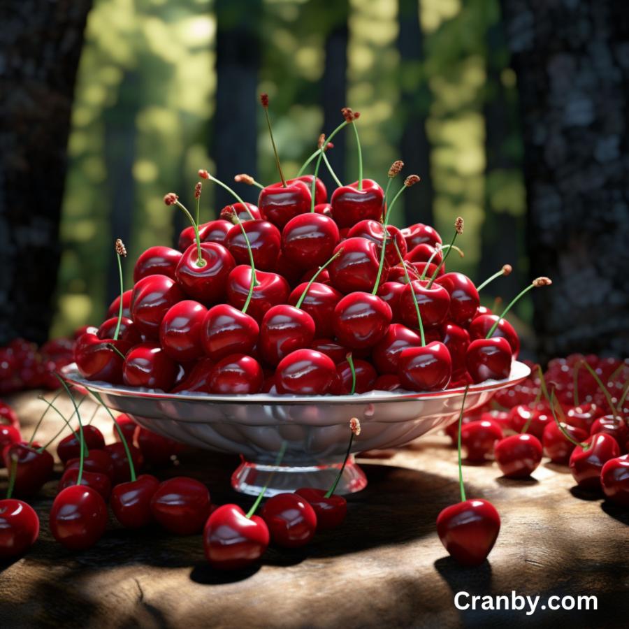 Sweet, delicious, red cherries in the forest.