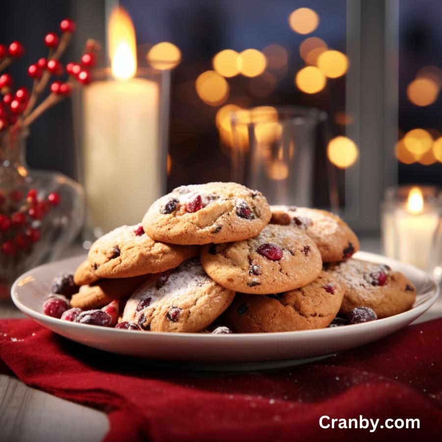 Festive plate of cookies during the holidays on a plate using fresh crans