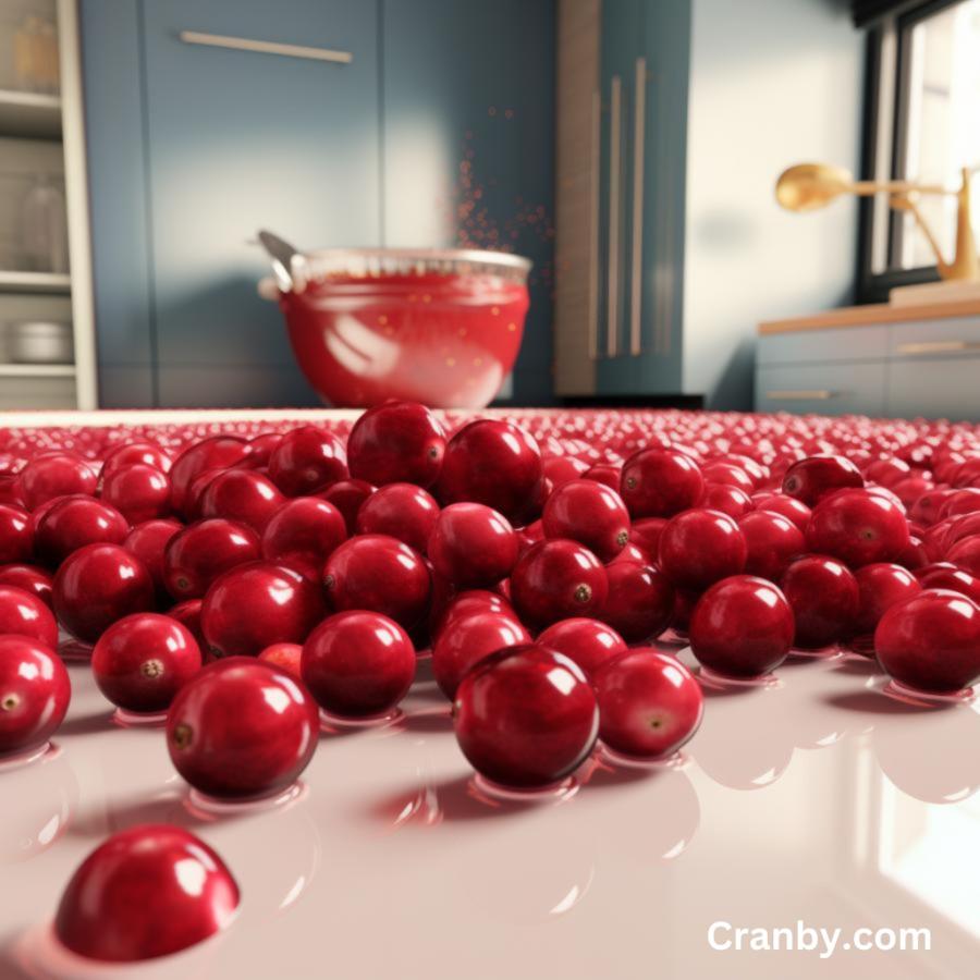A bunch of very large, almost giant raw cranberries all over the kitchen