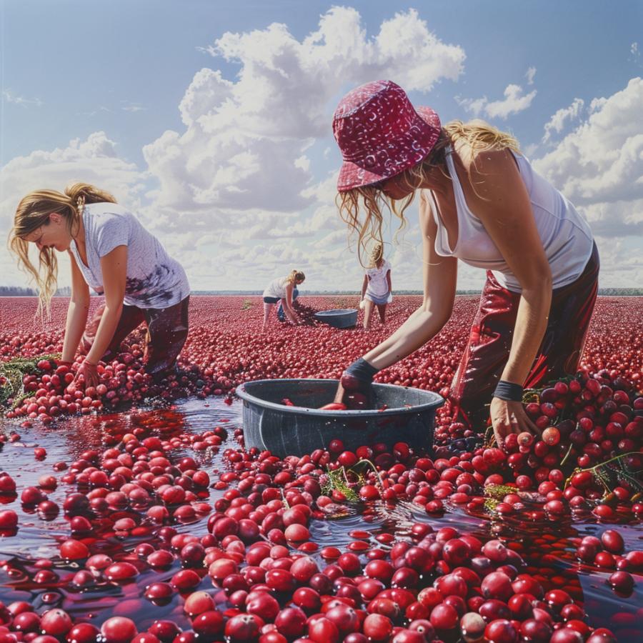 Two Female Cranberry Farmers collect the floating berries for harvest