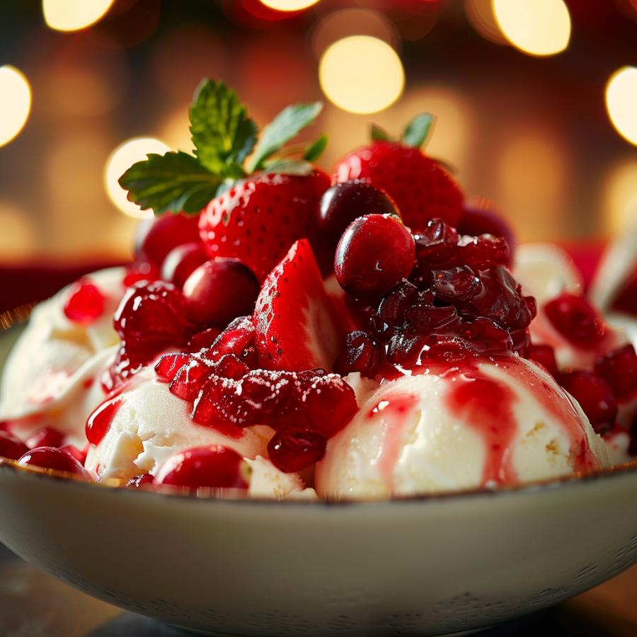 Ice cream with berry sauce made from cranberries and strawberries