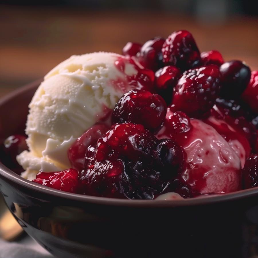 Big bowl of some premium ice cream topped with a healthy, homemade strw/cran sauce.