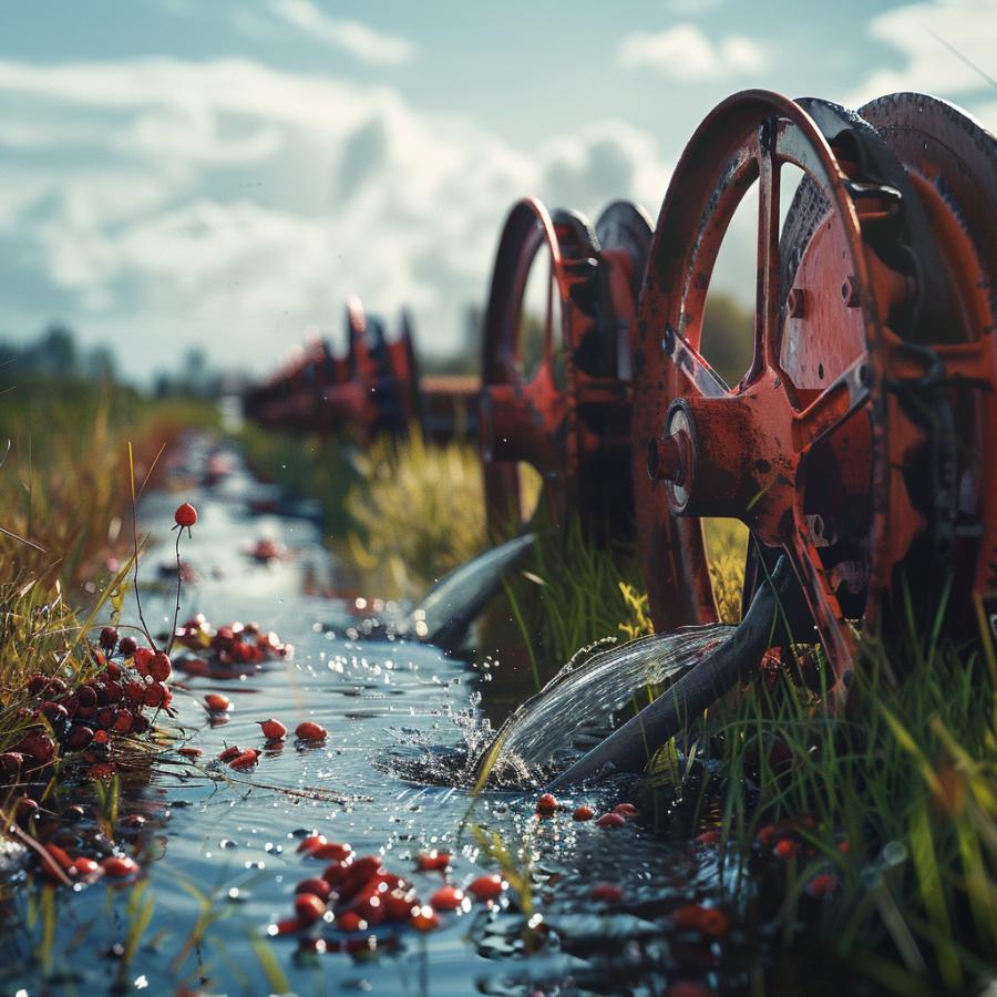 Water Reels being used to Harvest Cranberries on a Bog in the Fall