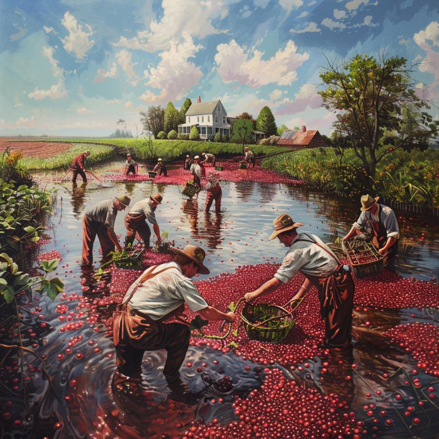 Cranberry Farmers working on Harvesting the Floating Cranberries