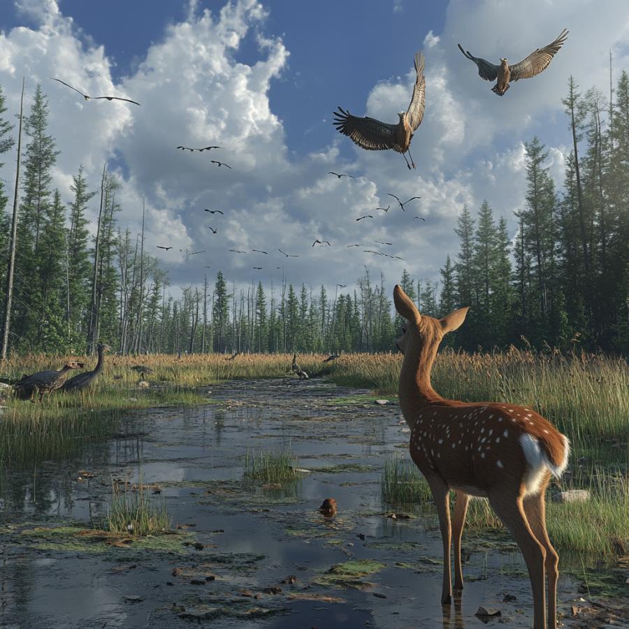 Present day Deer with Ice Age Birds 10,000 years ago in a Cranberry Bog