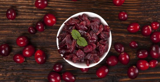 Bowl of both dried and fresh cranberries as part of a healthy diet.