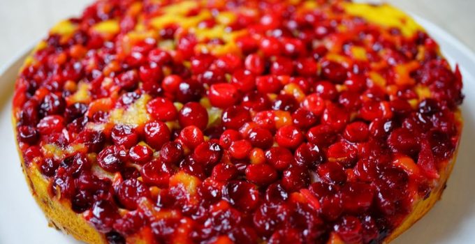 A wonderful looking cake with fresh cranberries on the bottom which becomes a top when you flip it upside down