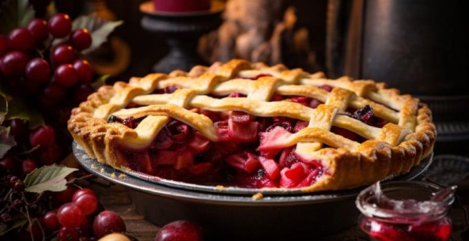 Pie with lots of red berries, fruit during the holidays. Recipe