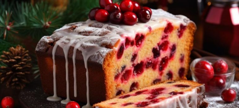 Cake for the holidays, sliced open with warm cranberries
