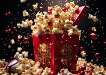 A box of Christmas Fun with Cranberries and Popcorn exploding out of a box with popcorn.