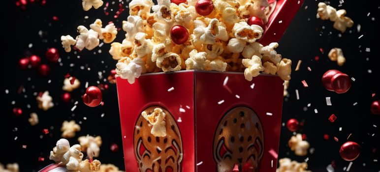 A box of Christmas Fun with Cranberries and Popcorn exploding out of a box with popcorn.