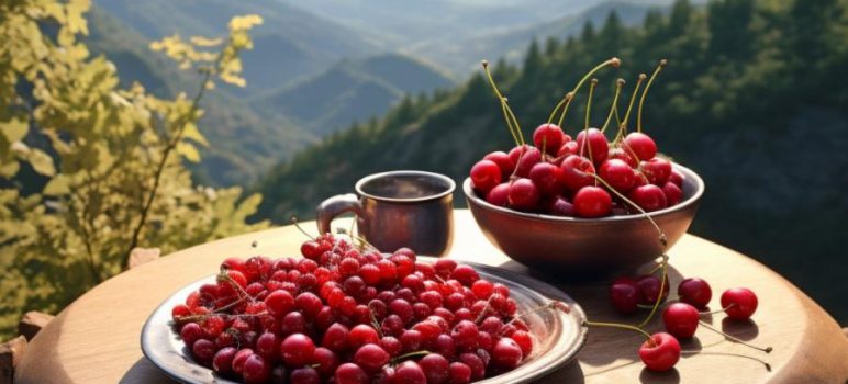 Two bowls of cranberries & cherries in the mountains, which is better?