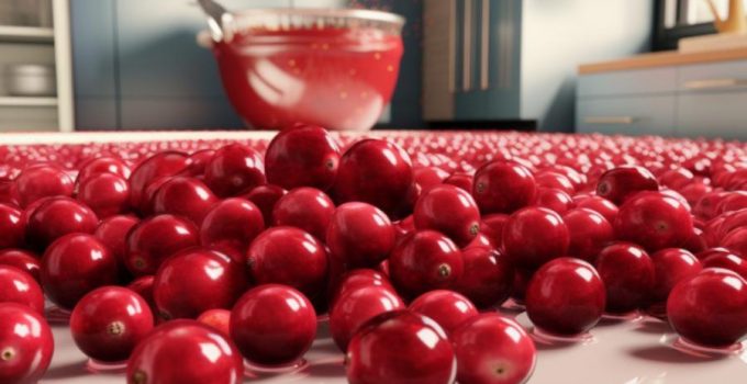 A bunch of very large, almost giant raw cranberries all over the kitchen