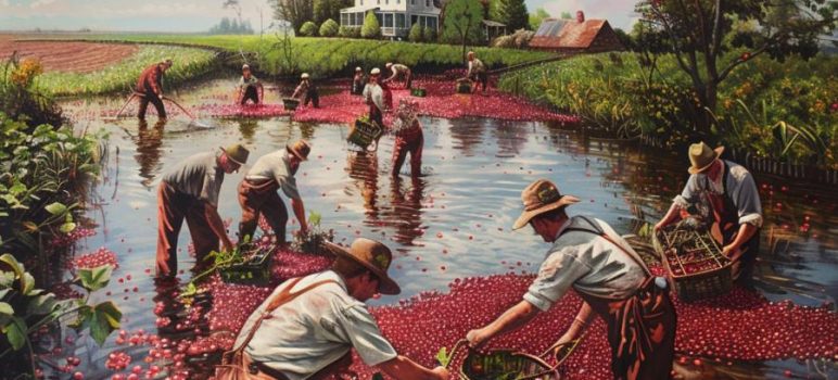 Cranberry Farmers working on Harvesting the Floating Cranberries
